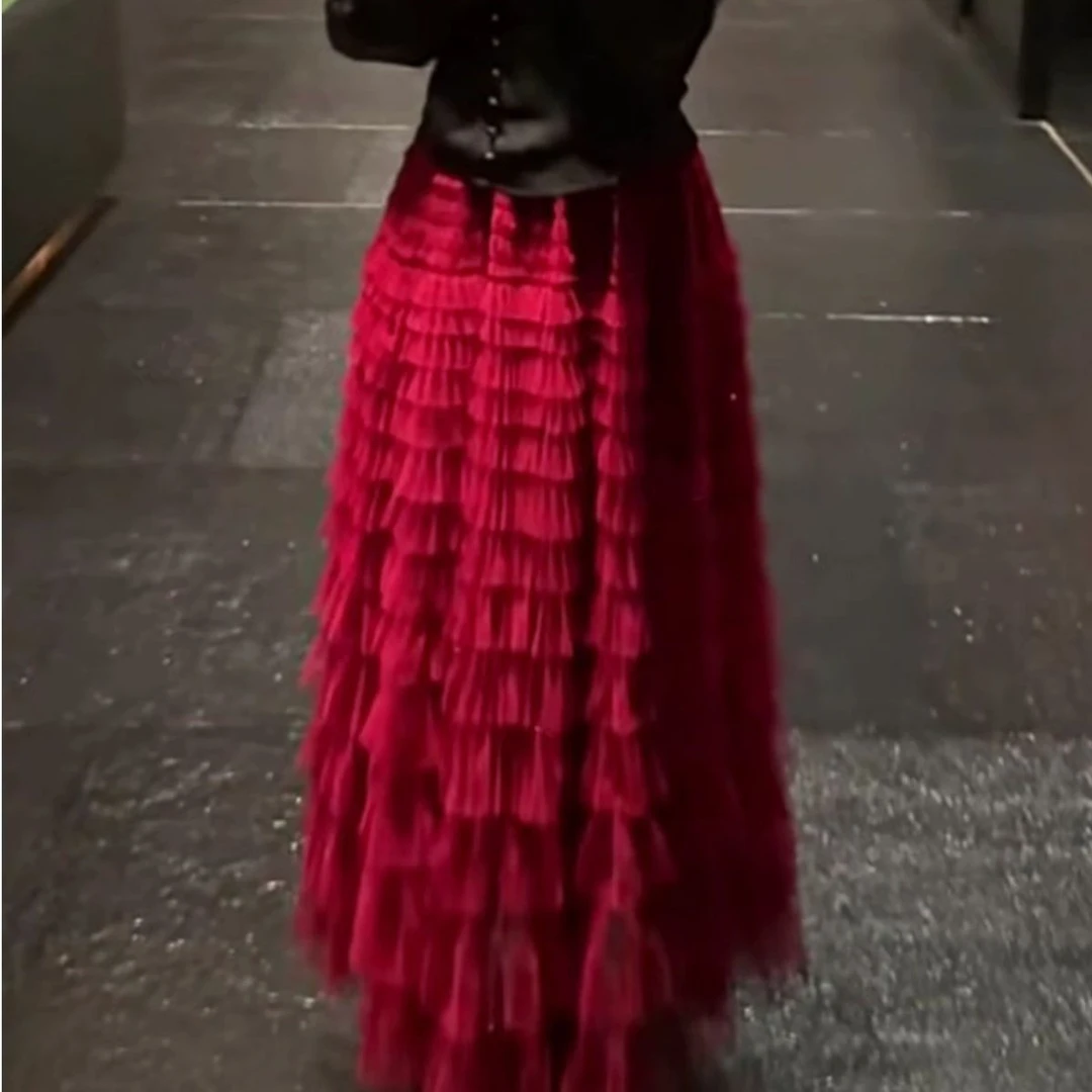 2025新款网纱蛋糕裙半身裙重工女长款及踝设计感小众显瘦大摆长裙