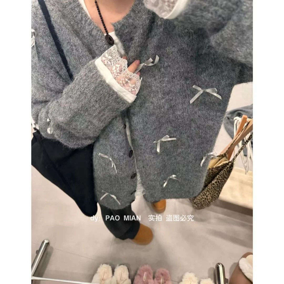 【 PAOMIAN 】韩系蝴蝶结设计感针织开衫毛衣女秋冬慵懒风宽松外套