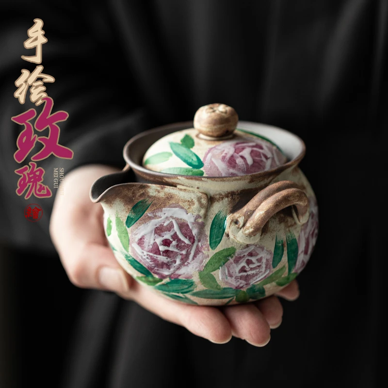 物瓷坊 手绘老岩泥玫瑰手抓壶