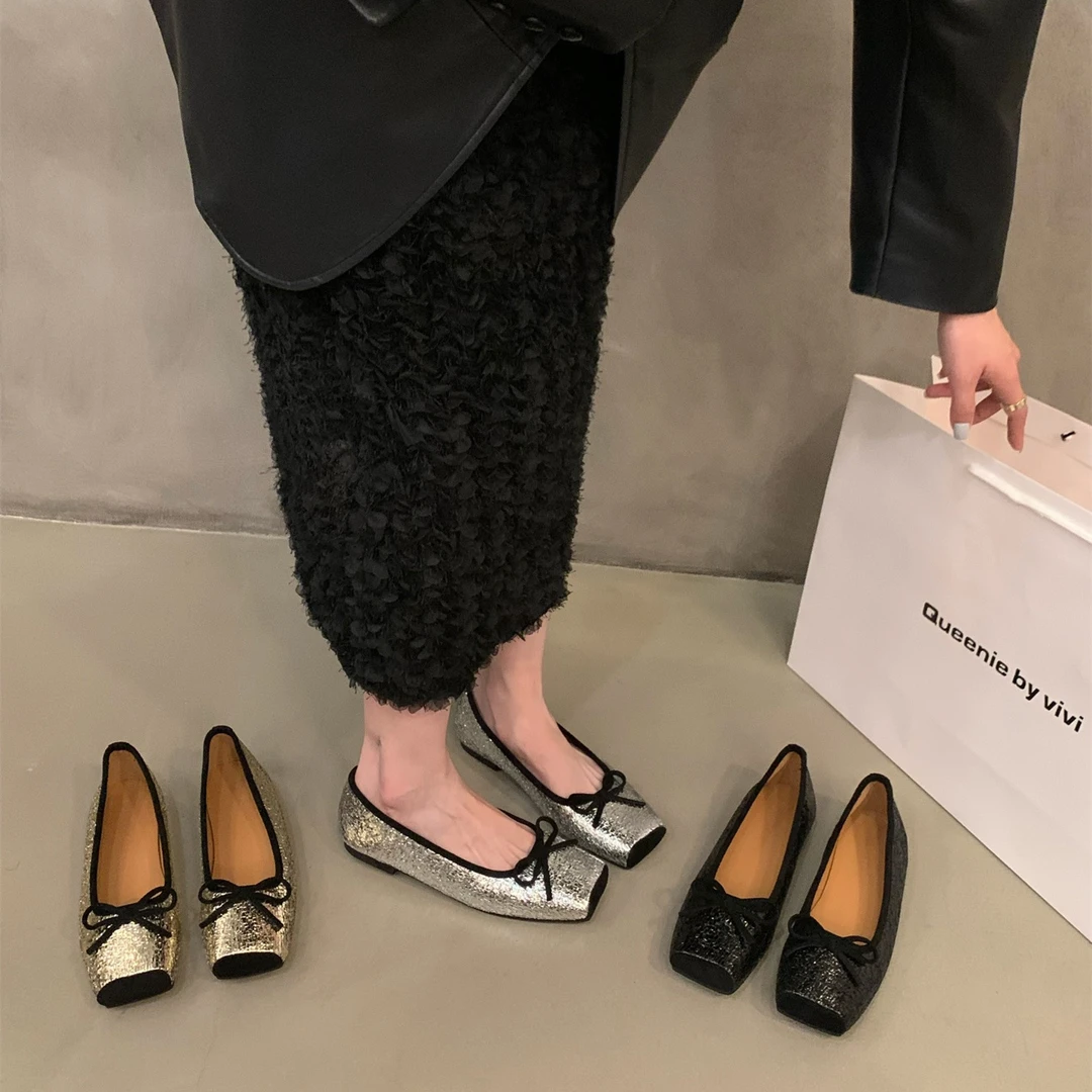 平底夏季方头银色单鞋女鞋子2024年新款小众气质春秋豆豆芭蕾舞鞋