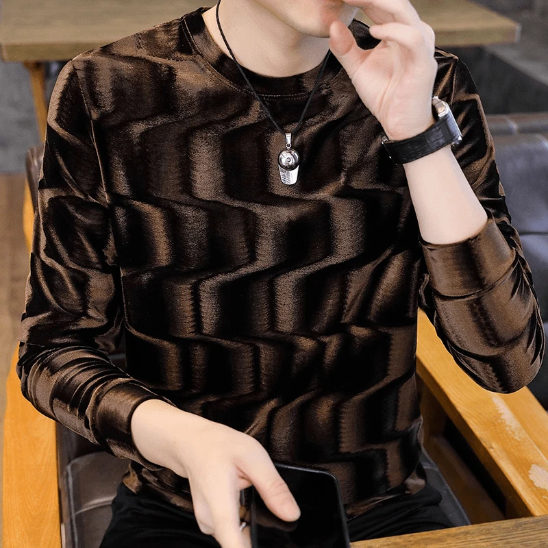 秋冬装男士金丝绒卫衣长袖水波纹打底衫圆领T恤宽松休闲大码青年