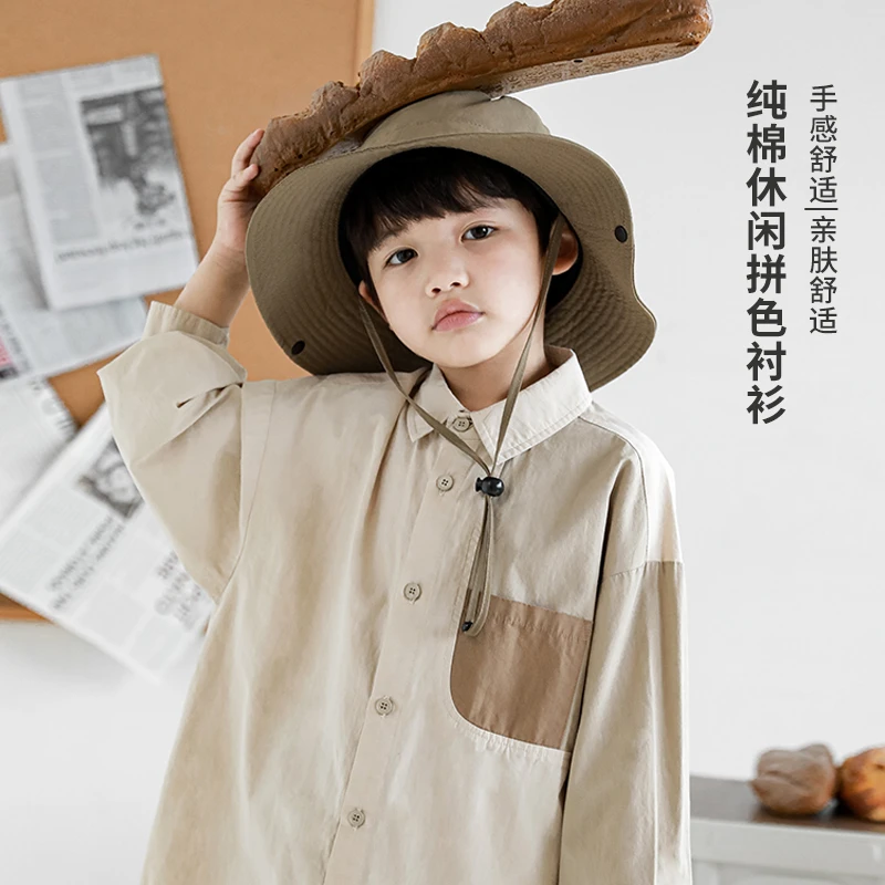 oddtails男童纯棉衬衫长袖2022年初秋新款中大童拼接洋气QG1096