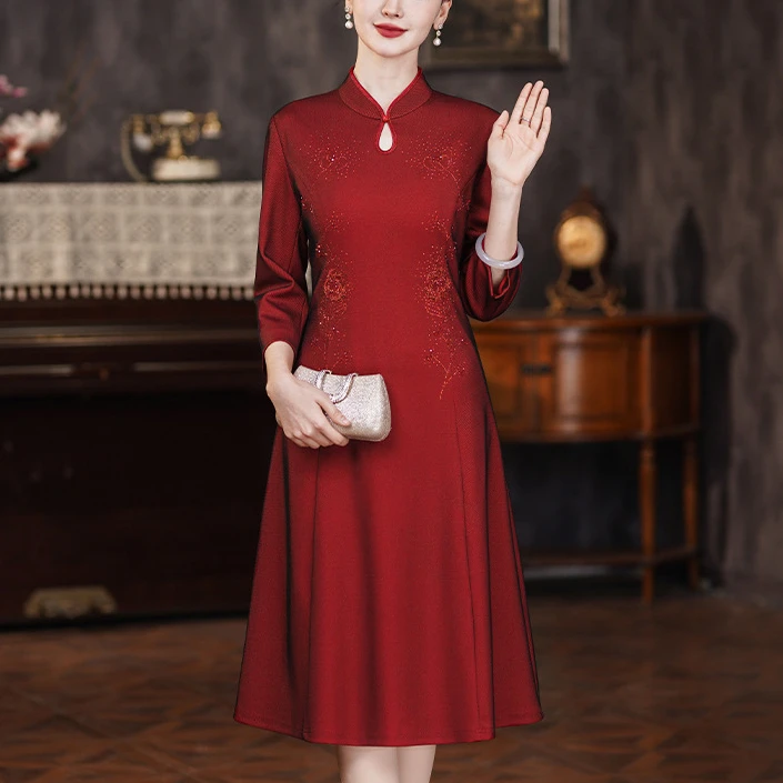 2024 春装新款小A摆立领旗袍改良连衣裙端庄典雅婚宴喜婆婆礼服裙