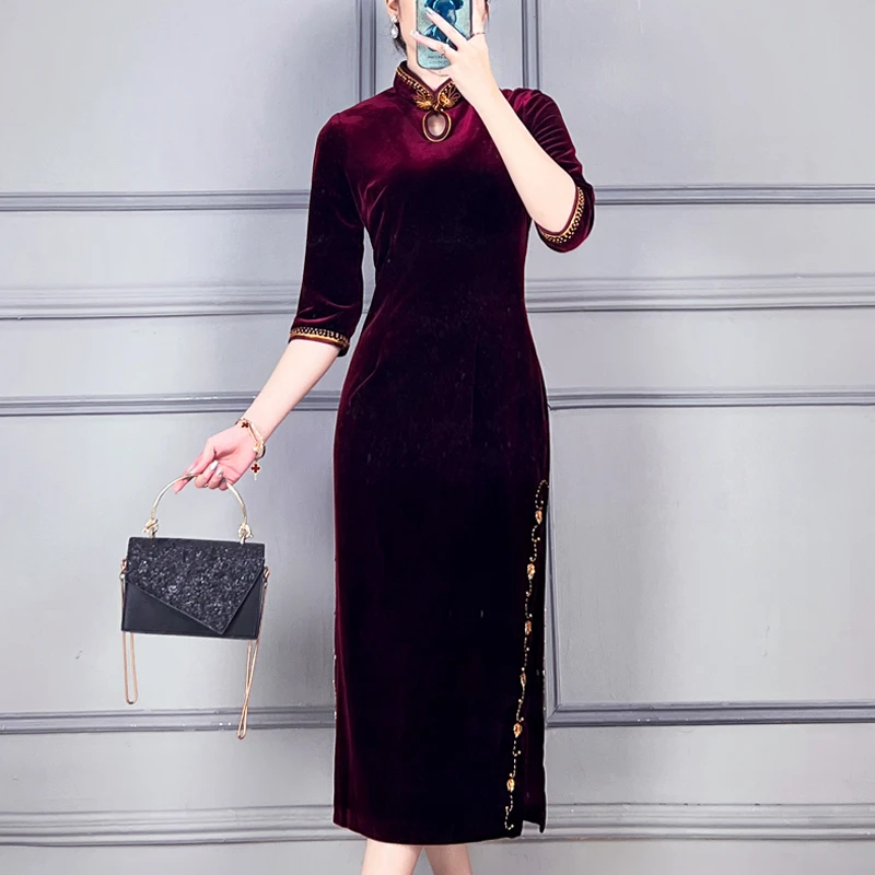 气质秋季中国风婚礼妈妈礼服年轻洋气喜婆婆婚宴装敬酒金丝绒旗袍