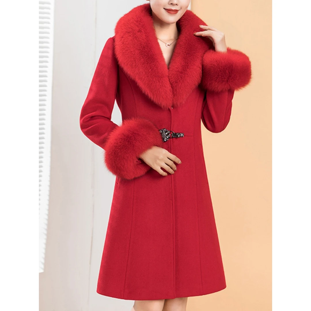 秋冬狐狸毛领羊绒羊毛大衣女时尚修身显瘦中长款毛呢外套呢子大衣