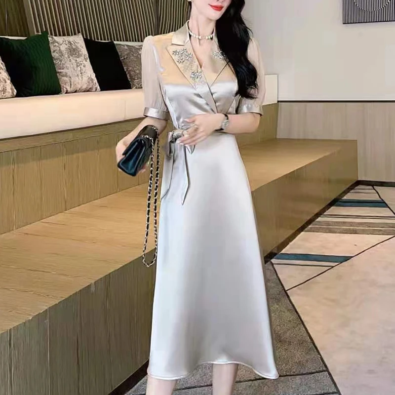 高端凉快真丝三醋酸缎面贵夫人阔太太减龄小礼服连衣裙夏奢华大牌