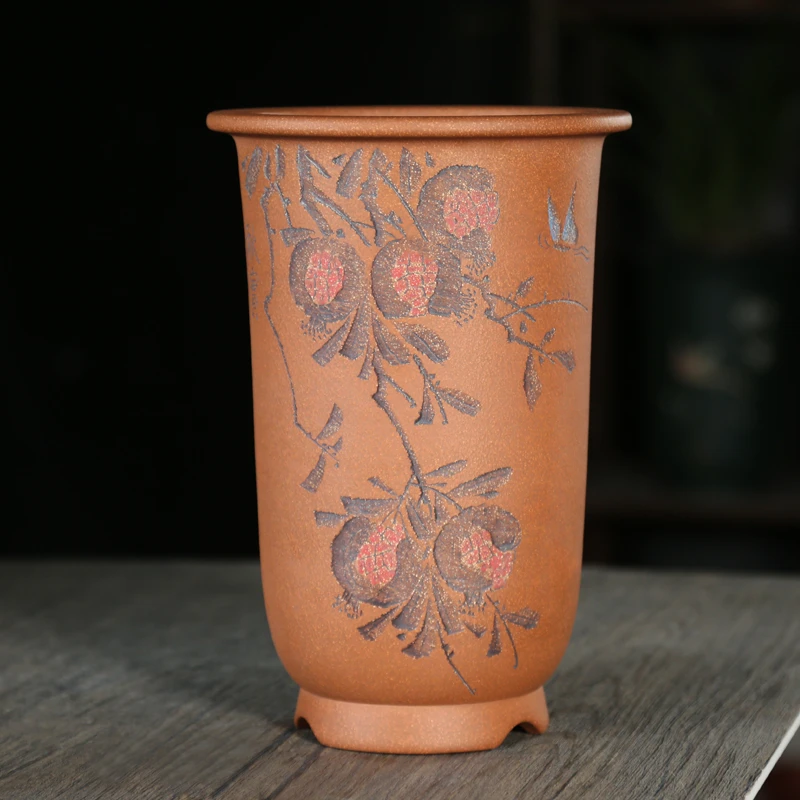 宜兴精品紫砂花盆名家锦石刻绘降坡泥金钟绿植春建兰草专用兰花盆