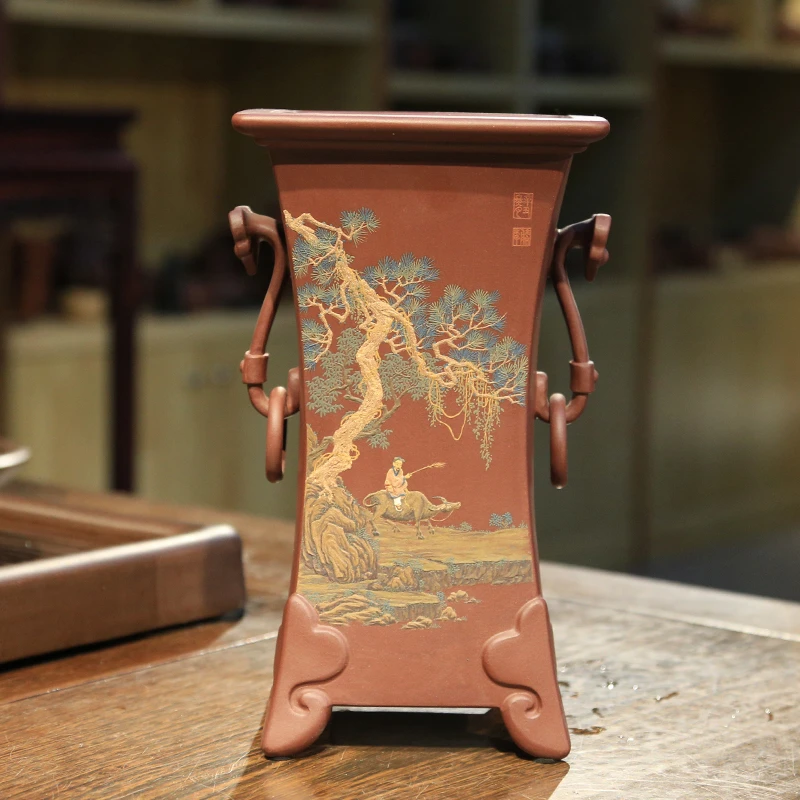 神力高档紫砂花盆四方古典泥绘如意吊环吴余生全手工制作精品花盆