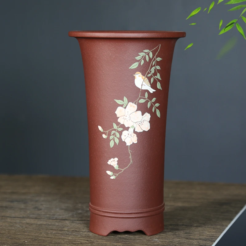 精品紫砂花盆枣红泥手工泥绘高签筒兰花盆室内桌面古典悬崖盆景盆