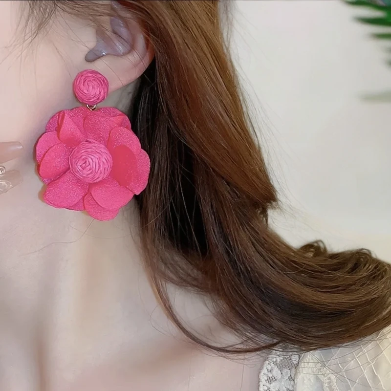 合金布艺耳饰 新款气质时尚小众紫色耳环夸张彩色火爆款花朵耳钉