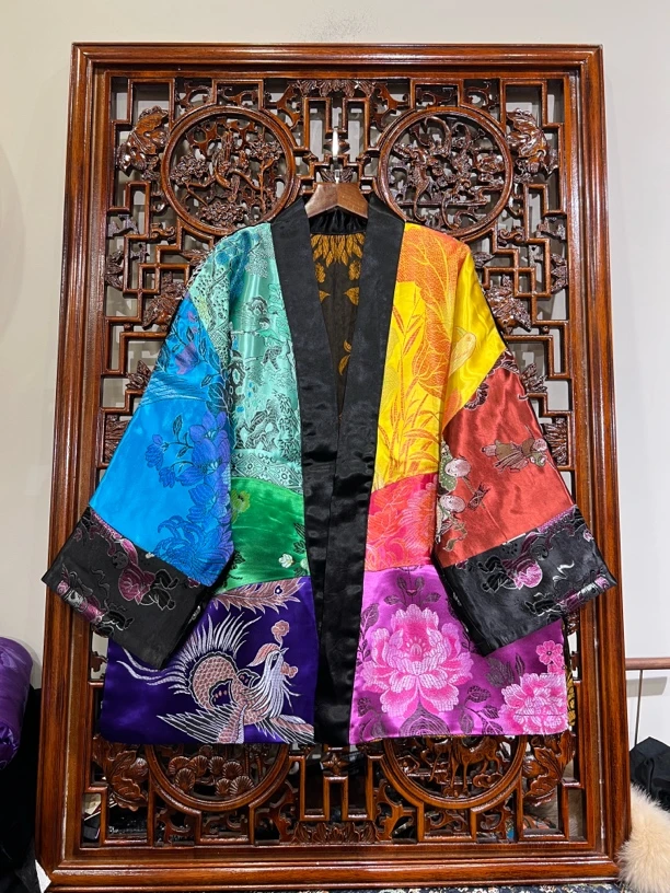 双层老料提花复古拼接外套