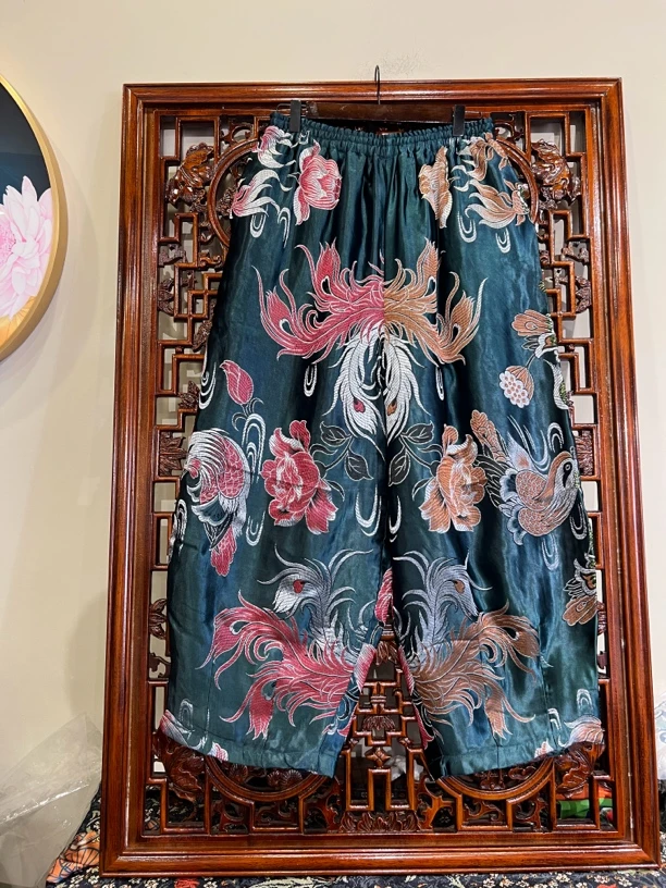 老料复古提花桑蚕丝棉裤