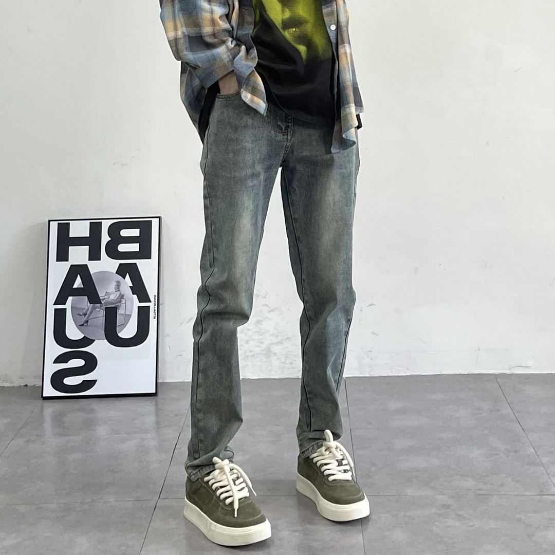 复古水洗美式修身直筒裤男士弹力潮牌高街小脚裤百搭牛仔裤男直筒