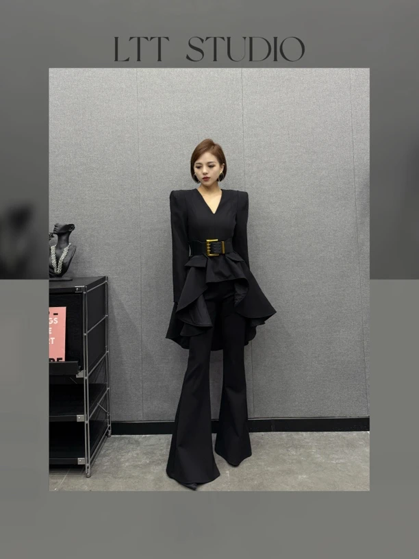 LTT- 新款 时尚不规则设计感显瘦荷叶边燕尾服上衣