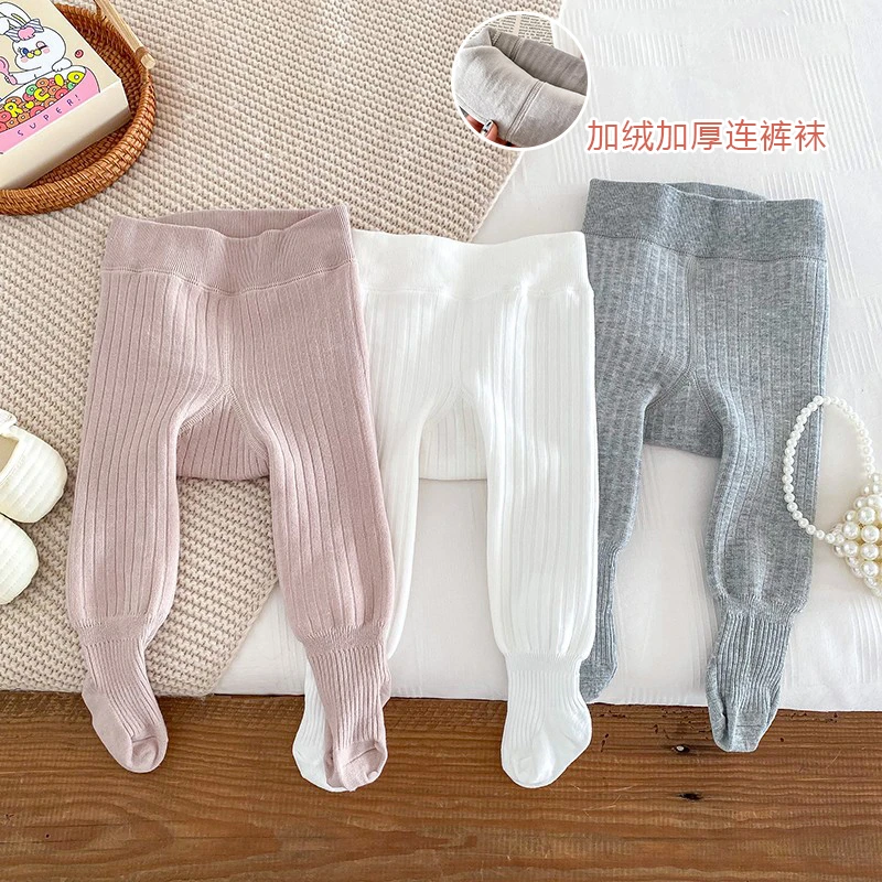 婴儿加绒连体袜保暖裤子外穿冬季6-12月女宝宝纯色打底裤袜冬季厚