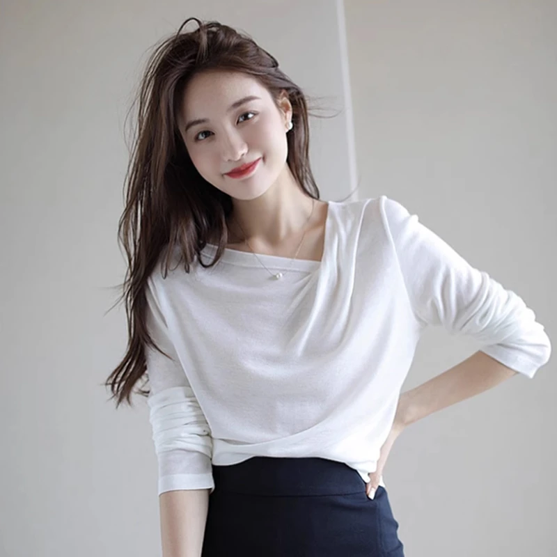 洋气轻熟白色针织衫荡领打底衫女设计感小众内搭套衫职业休闲上衣