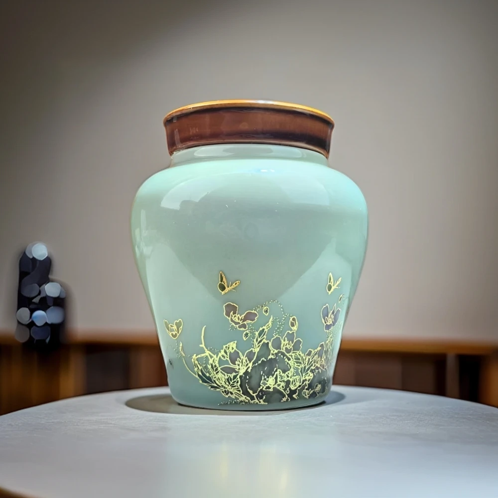润茗茶器/虞美人蝶恋花中式复古陶瓷梅子青茶叶罐功夫茶具茶叶罐