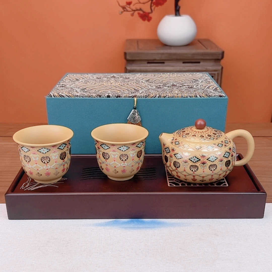 润茗茶具/吴成志大美敦煌凤鸣西施紫砂壶黄金段一壶两杯+茶盘