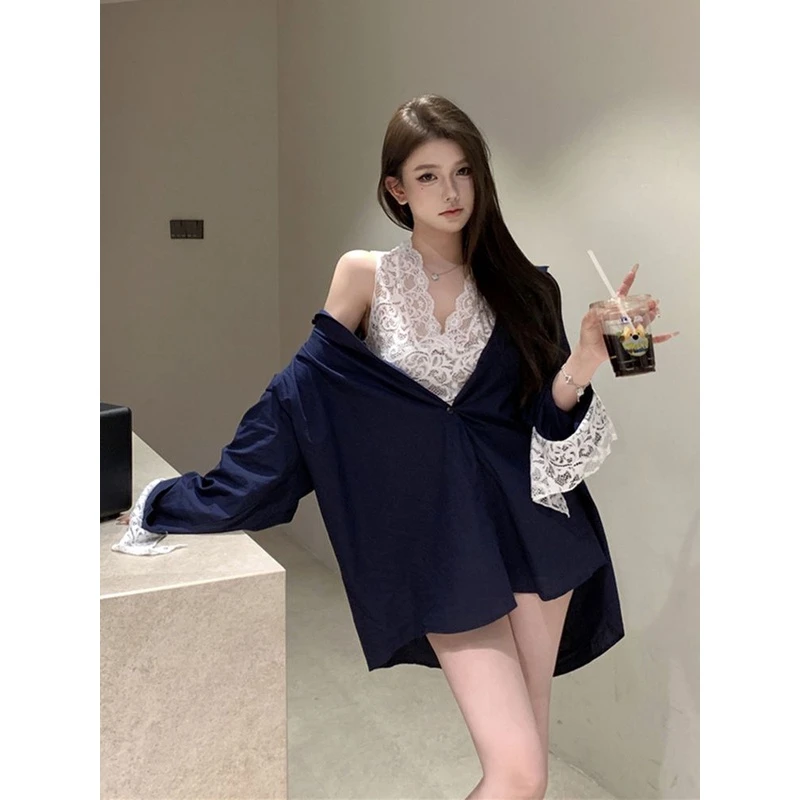 夏季纯欲拼接宽松假两件衬衫+基础百搭短款V领蕾丝背心时尚套装女