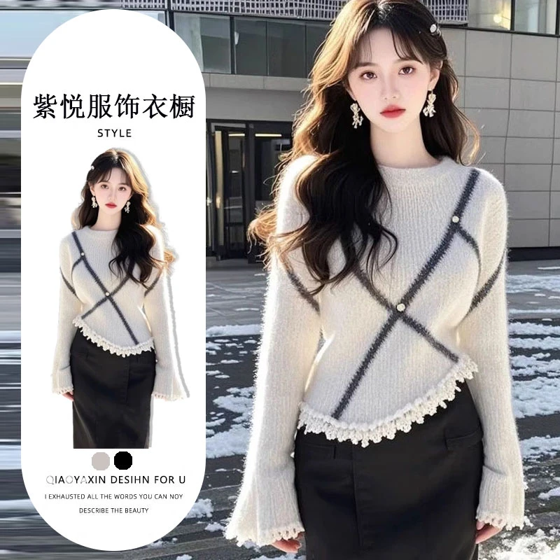 韩系软糯慵懒高级感白色套头针织毛衣女款2024年新款深秋初冬内搭