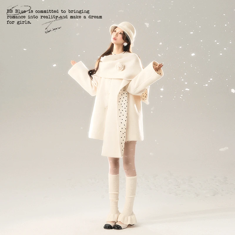 BB BLUE 原创设计 玫瑰波点围巾大衣