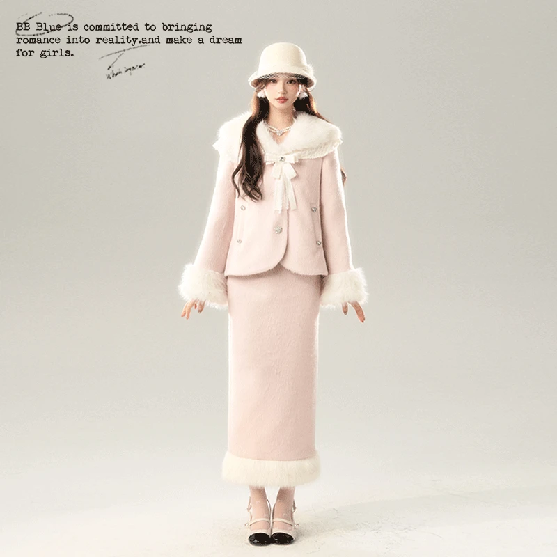 BB BLUE 原创设计 粉雪毛领套装