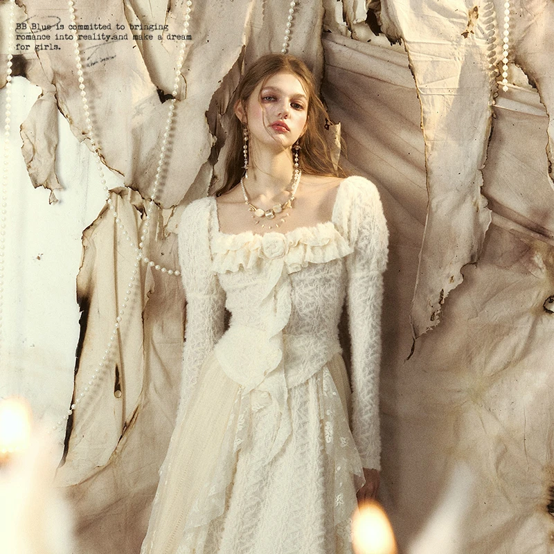 BB BLUE原创设计 法式浪漫富家千金一字肩针织衫上衣小众两件套装