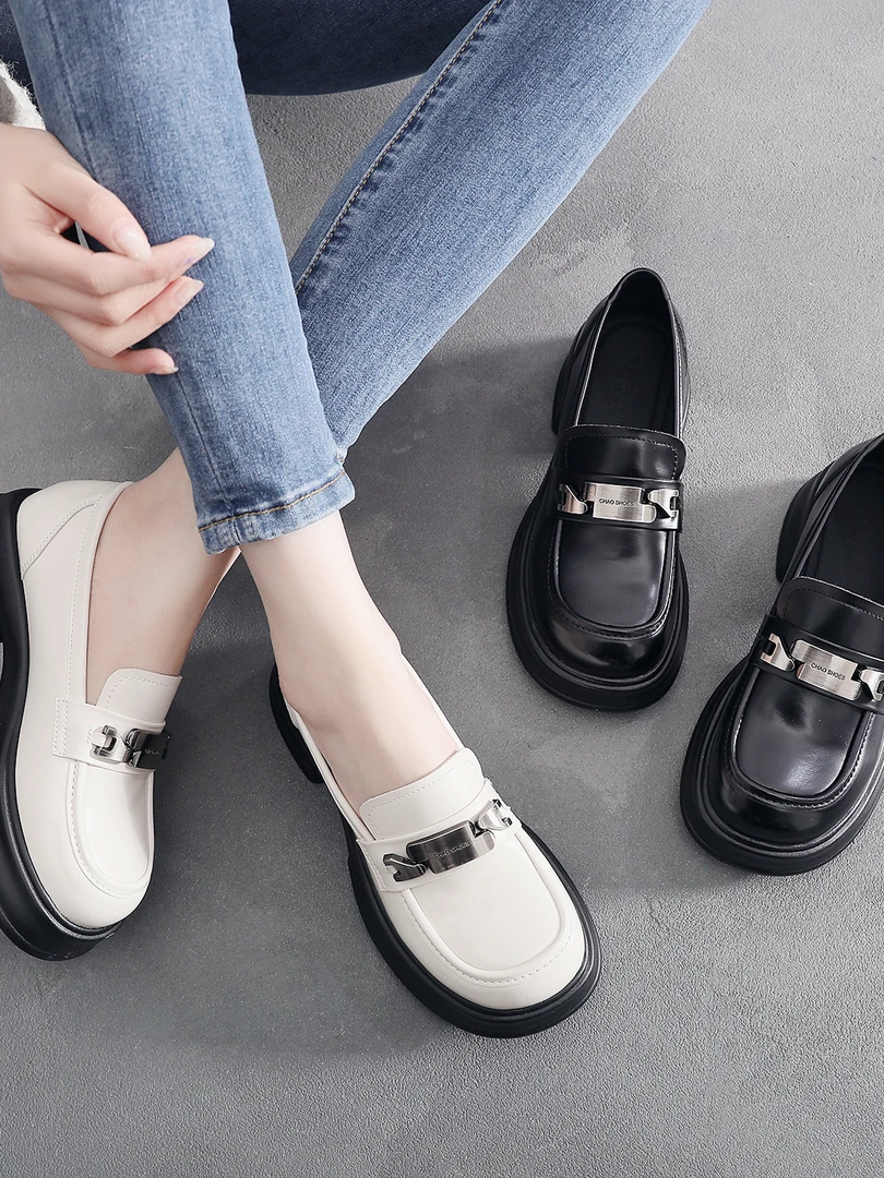 厚底圆头乐福鞋增高5-8厘米春秋松糕底英伦风真皮鞋时尚百搭单鞋