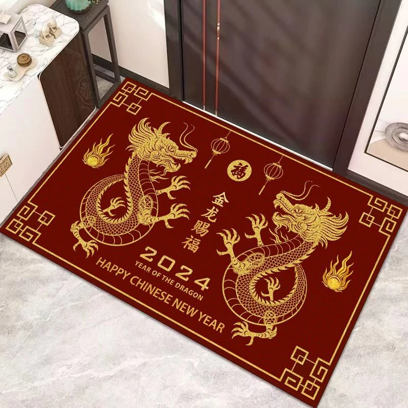 龙年入户门垫喜庆迎新春玄关门厅免洗防滑脚垫高强吸水耐脏水晶绒