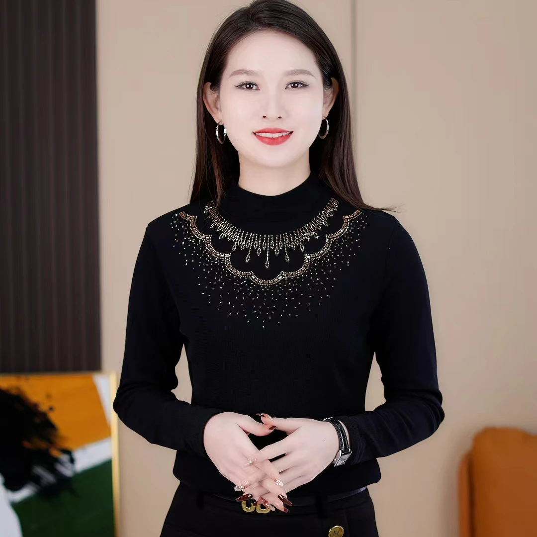 YUNKEMAN/云珂蔓烫钻外穿内搭洋气时尚秋冬半高领打底衫大码修身