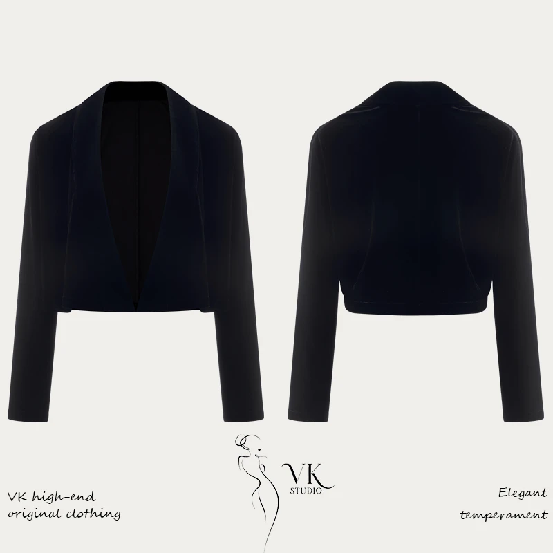 VK Studio轻奢女装 黑色小衫百搭外穿披肩长袖丝绒小外套【VK834】