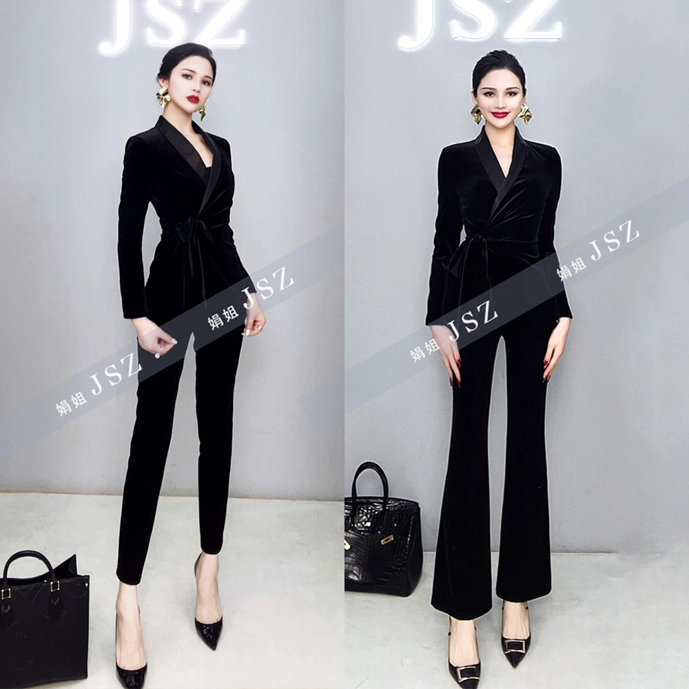 秋冬黑色高定修身韩国金丝绒显瘦女神大气职业显瘦西装套装000123