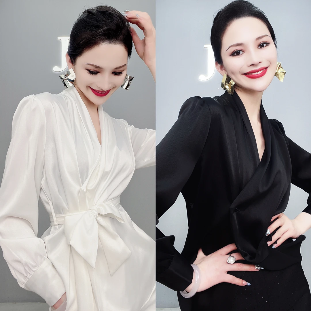 娟姐同款西装百搭扎带衬衫黑白时尚系带设计感长袖显瘦气质衬衫11