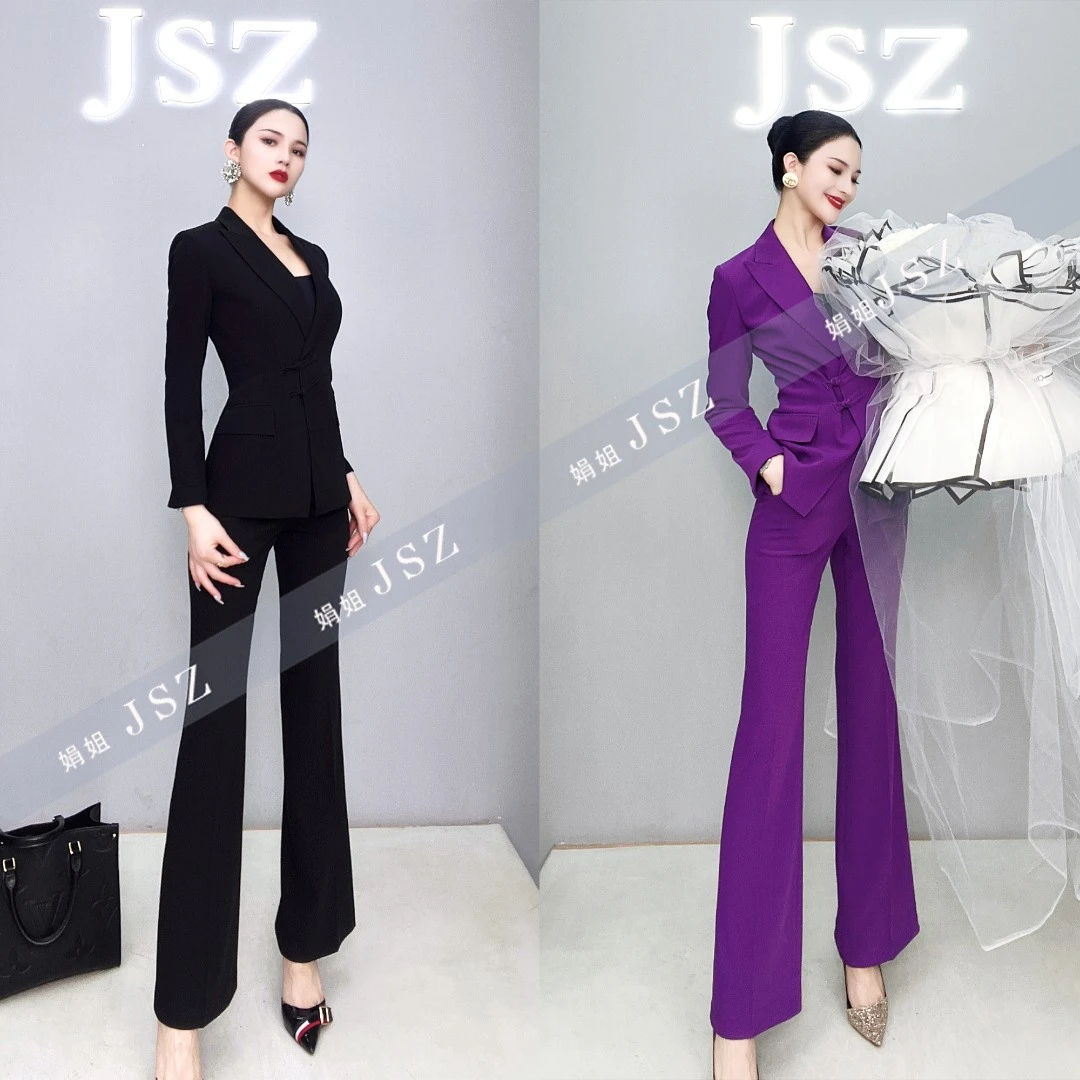 JSZ娟姐同款紫色黑色盘扣西装喇叭裤套装000121