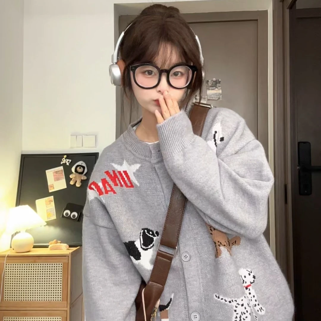 like可爱风复古卡通小狗针织开衫女秋冬新款宽松百搭毛衣外套007