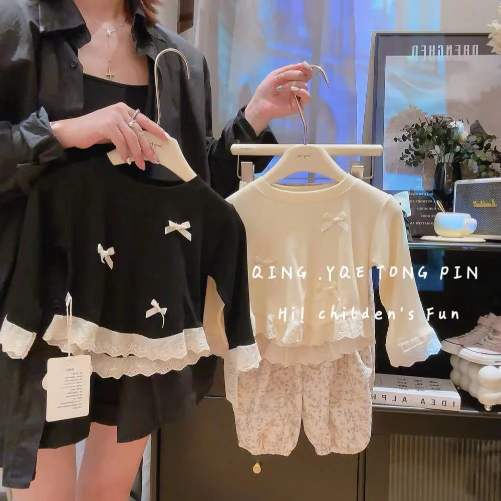 女童花边蝴蝶结上袖T恤春秋款甜美可爱风打底衫