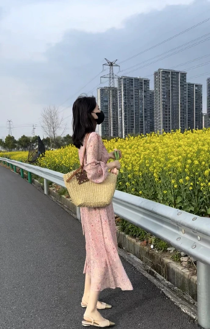 【117】韓國東大門25新款氣質碎花長袖时尚繫帶收腰时尚温柔連衣裙