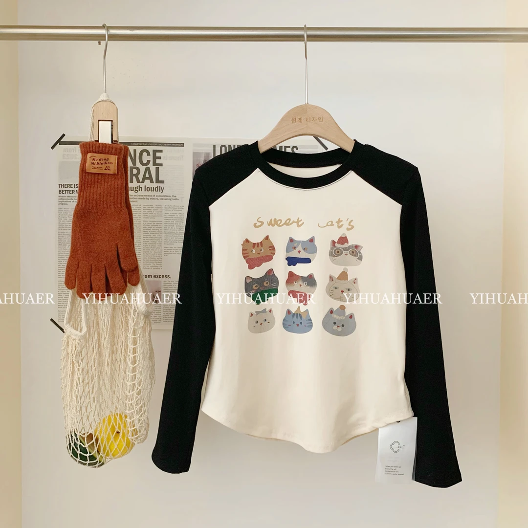 BHH-9773【发财猫】东大门韩版猫咪印花拼接撞色插肩袖休闲打底T恤