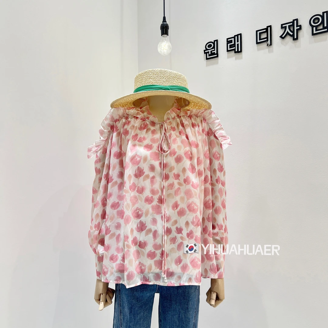 CHH-6265东大门秋季新款气质显瘦设计感花边碎花绑带衬衫