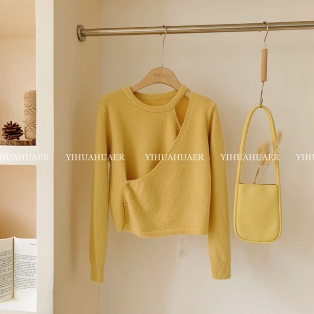 BHH-9726东大门韩版百搭慵懒风不规则设计感交叉纽结露肩针织毛衣