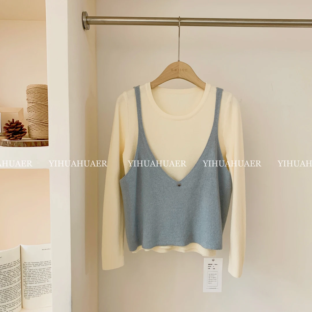 东大门韩系设计感V领针织马甲叠穿柔感内搭两件套9596