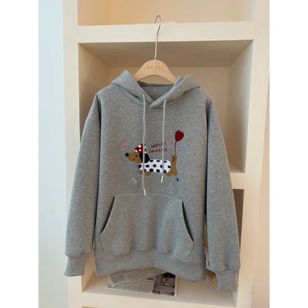 AHH-9742【气球腊肠狗】东大门韩版腊肠狗立体毛巾绣加绒连帽卫衣