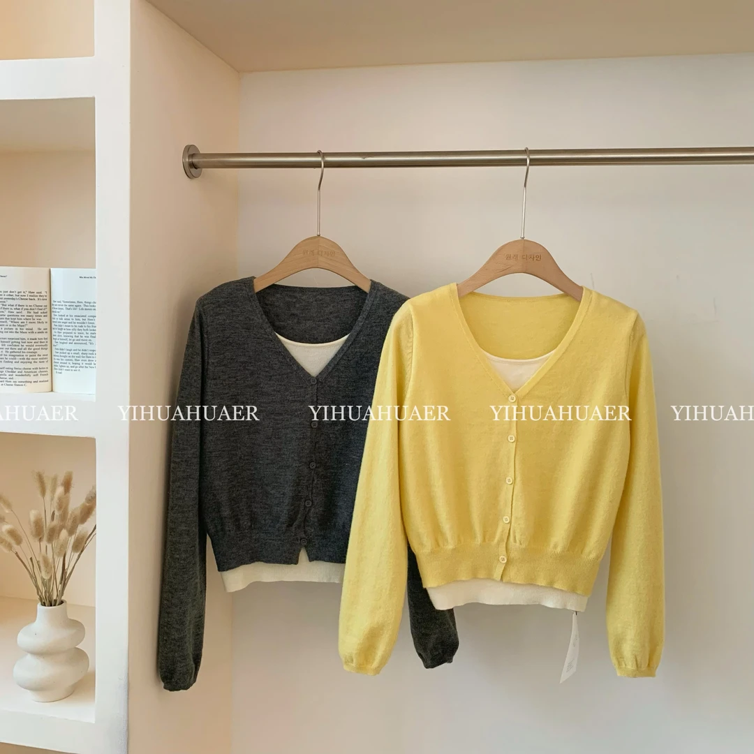 BHH-9598【柠檬树】东大门韩系温柔气质撞色排扣显瘦短款假两件