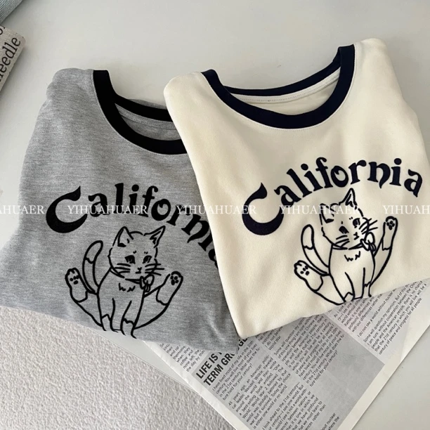 BHH-9625【瑜伽小猫】东大门韩版休闲百搭撞色磨毛立体小猫印花T恤