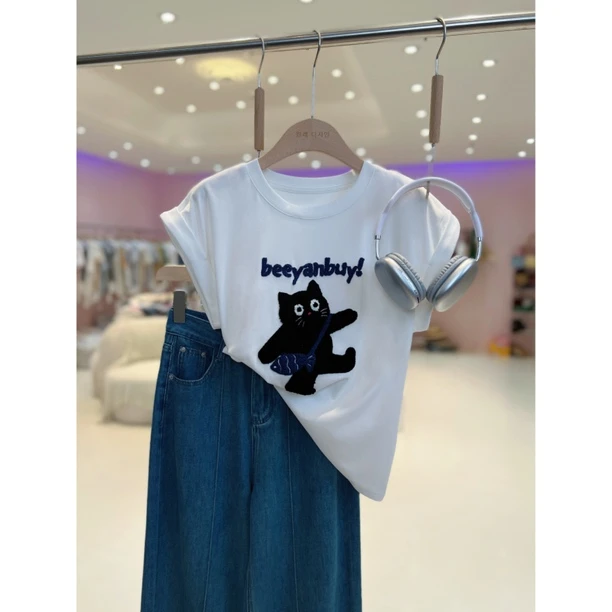 【背包猫】东大门夏季新款韩版休闲圆领设计感T恤9089