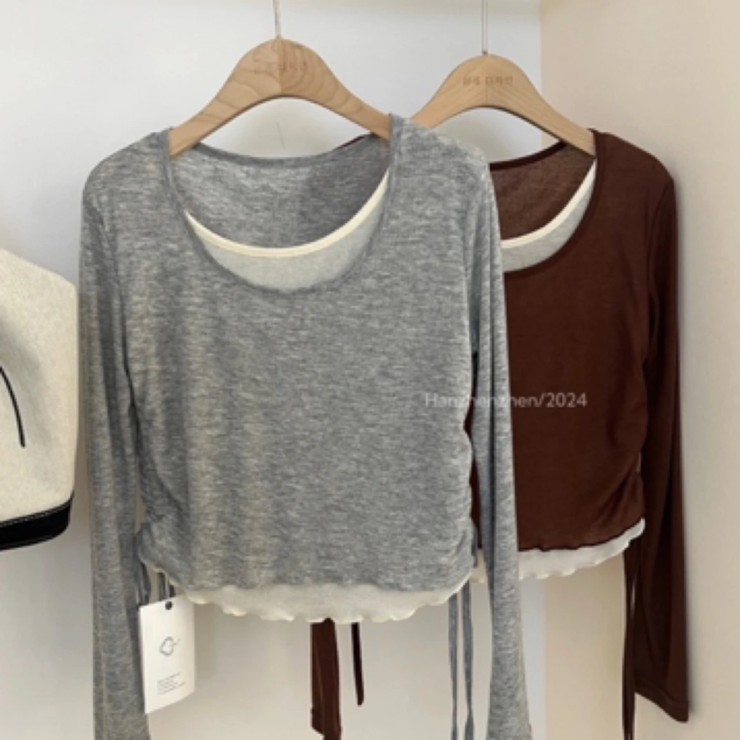 BHH-9290【面膜假两件】东大门夏季韩版休闲假两件百搭花边长袖T恤