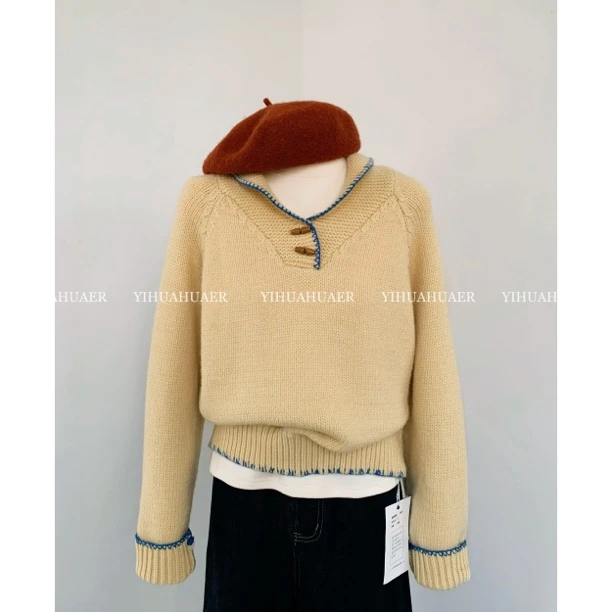 BHH-9605【奶黄包】东大门韩系慵懒气质撞色翻领锁边牛角扣针织毛衣