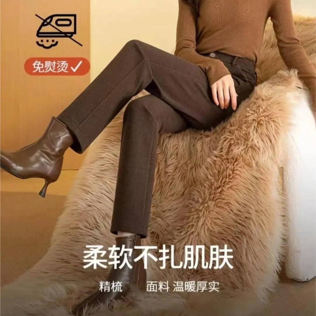 加厚中年秋冬季女裤子人字纹妈妈拉绒时尚毛呢烟管西装裤百搭直筒