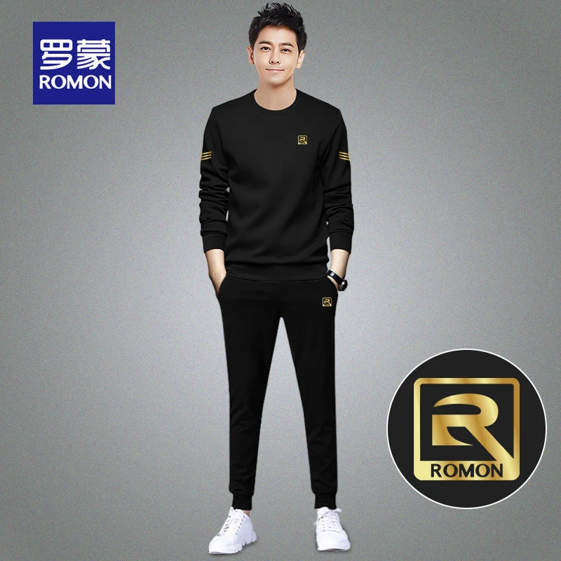 罗蒙男士秋冬季圆领加厚卫衣套装休闲百搭时尚户外运动两件套R434