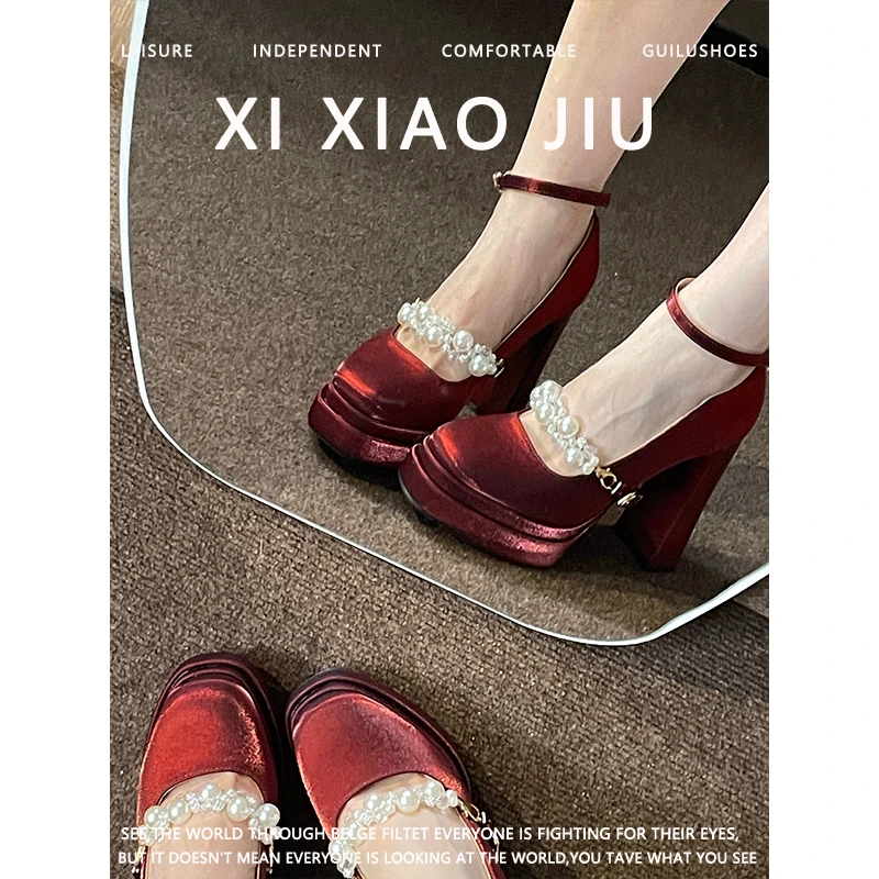 双层防水台酒红色玛丽珍婚鞋超高演出不累脚缎面高跟鞋粗跟女12cm